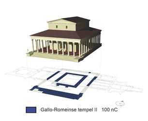 <p>Reconstructie van de (tweede) Romeinse tempel uit de 2e eeuw n.chr. In blauw zijn de funderingsresten gearceerd die bij archeologisch onderzoek zijn opgegraven (http://www.pg-elst-info.nl/). </p>
